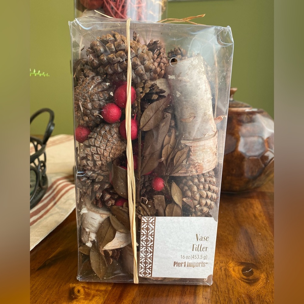 Pier 1 Rustic Holiday Decor with Birch Wood, Pine Cone and Red Accents